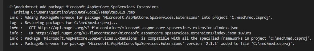 A terminal showing the Microsoft.AspNetCore.SpaServices.Extensions package, version 2.1.1, being added to med.csproj