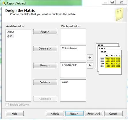 The SSRS Report Wizard’s Design the Matrix step, with ColumnName in Columns, ROWGROUP in Rows and Value in Details