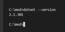 A terminal showing dotnet –version printing 2.1.301