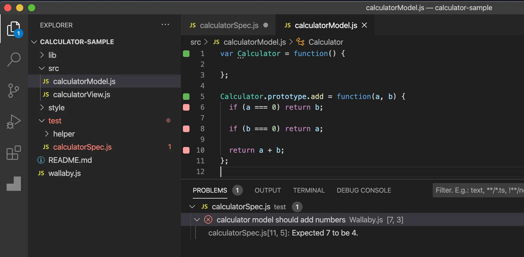 calculatorModel.js open in Visual Studio Code, with the lines of the add function marked red because a test that runs them fails, and the Problems panel listing “calculator model should add numbers: Expected 7 to be 4.”