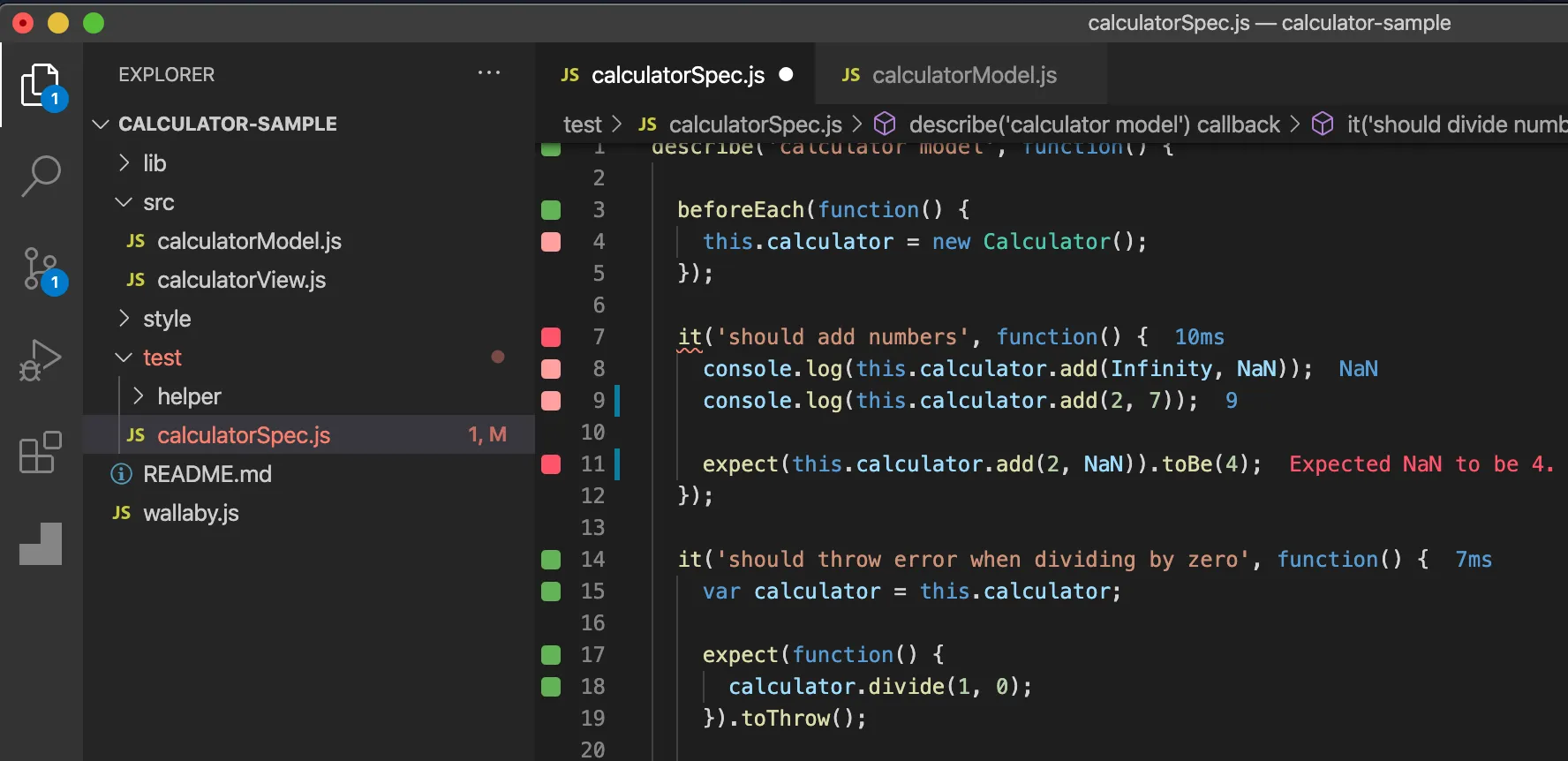 Visual Studio Code with calculatorSpec.js open. Wallaby marks each line green or red in the gutter, prints console.log values beside the code (NaN, 9), and shows “Expected NaN to be 4.” beside the failing expectation.