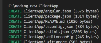 A terminal showing ng new ClientApp creating angular.json, package.json, README.md, tsconfig.json, tslint.json and the other project files